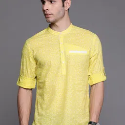 Indo Era Men Yellow Geometric Printed Pure Cotton Kurta-picture-33