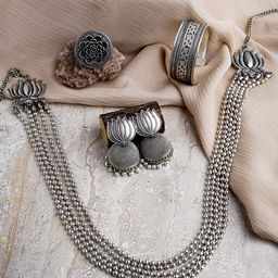 teejh Silver-Plated Oxidised Necklace Set With Bracelet & Ring-picture-3