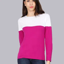 Fleximaa Women White & Magenta Colourblocked Cotton T-shirt-image-25