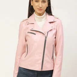 Leather Retail Women Pink Solid Lightweight Biker Jacket-picture-33