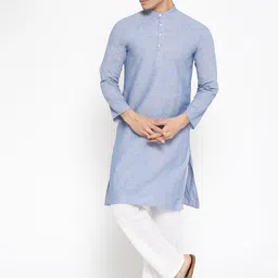 Vastraa Fusion Men Blue & White Solid Kurta with Pyjamas-image-24