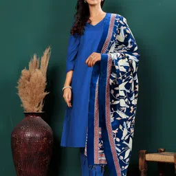 Varanga V-Neck Straight Kurta with Trousers And Dupatta-image-11
