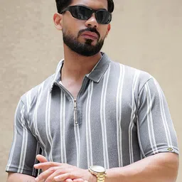 Maniac Men Striped Polo Collar Cotton Oversized T-shirt-picture-27