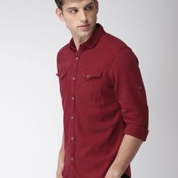 LOCOMOTIVE Men Maroon Slim Fit Solid Denim Casual Shirt-picture-5