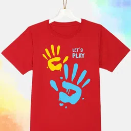 YK Kids Red Typography Printed Pure Cotton Holi T-shirt-picture-32