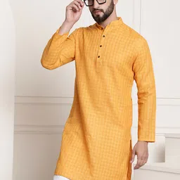 SOJANYA Men Mustard Yellow Thread Work Dobby Pathani Kurta-picture-26
