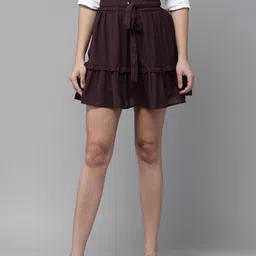 RARE Women Burgundy Solid Flounce Hem Mini A-Line Skirt-picture-27
