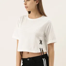 Campus Sutra Women White Solid Pure Cotton Round Neck Crop T-shirt with Lace-Up-picture-23