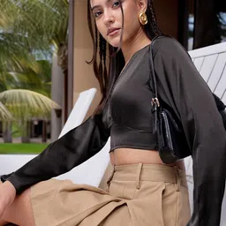 DressBerry Dark Dimness Satin Finish V-Neck Crop Top-image-90