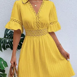 HERE&NOW V-Neck Embroidered Bell Sleeve Fit & Flare Dress-picture-15