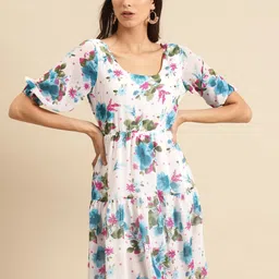 DODO & MOA Women White & Blue Printed Tiered A-Line Dress-picture-23