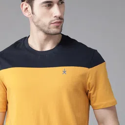 The Roadster Lifestyle Co Men Mustard Yellow & Navy Blue Pure Cotton Colourblocked Round Neck T-shirt-picture-54