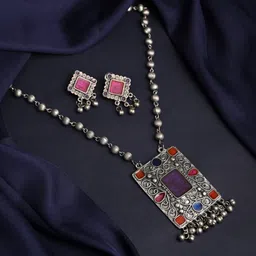 Anvik Silver -Plated Kundan-Studded & Beaded Jewellery Set-image-64