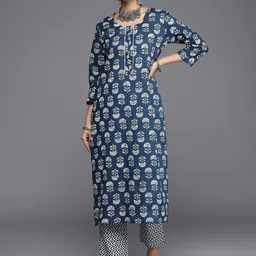 Varanga Women Blue Ethnic Motifs Printed Sequinned Pure Cotton Kurta with Trousers-image-32