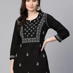 ADA Women Black & Grey Chikankari Hand Embroidered Pure Cotton Straight Sustainable Handloom Kurti-picture-35