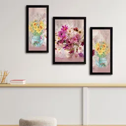eCraftIndia Set of 3 Mauve & Pink Botanical & Floral Satin Matt Textured UV Wall Paintings image 3