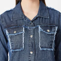 Miss Chase Women Blue Solid Denim Jacket image 4