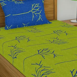 Huesland Blue & Green Floral Cotton 144 TC Single Bedsheet & 1 Pillow Cover image 2