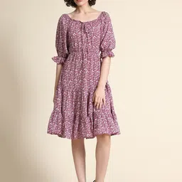 BAESD Floral Printed Puff Sleeves Fit & Flare Midi Dress-image-63