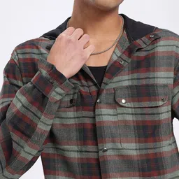 glitchez Traditional Twill Tartan Checked Hooded Casual Shirt image 5