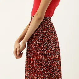 Antheaa Women Red & Black Animal Print Accordion Pleat Flared Skirt image 2