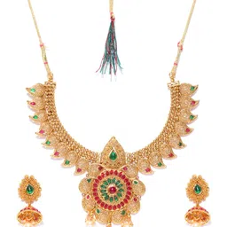 YouBella Red & Green Gold-Plated Stone-Studded Textured Jewellery Set image 2