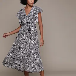 Roadster Animal Print Flutter Sleeves Fit & Flare Midi Dress with Tie-Ups Detail image 5