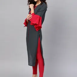 YASH GALLERY Women Charcoal Grey Solid Straight Kurta image 4