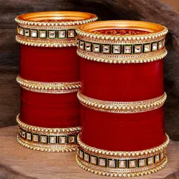 LUCKY JEWELLERY Maroon Red & White CZ Studded Bangles Set image 4