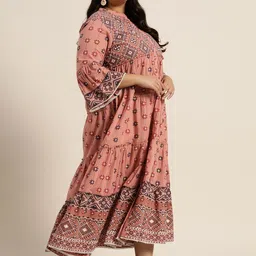 Juniper Plus Peach-Coloured & Navy Blue Pure Cotton Ethnic Printed Maxi Dress Comes With A Mask image 3