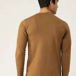 CHKOKKO Men Mustard Brown Solid Round Neck T-shirt image 5