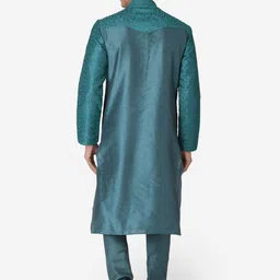 here&now x sanwara Sanwara Men Teal Green Embroidered Straight Kurta image 5