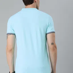 WROGN Men Turquoise Blue Slim Fit Solid Polo Collar Pure Cotton T-shirt image 4