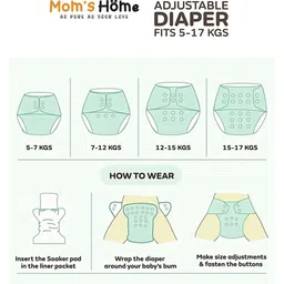 Moms Home Infants Baby Reusable Cotton Pocket Diapers With 1 Inserts image 5