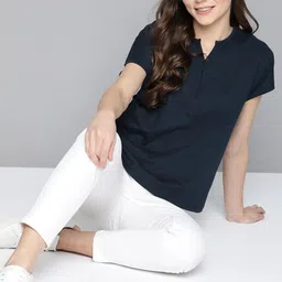 mast & harbour Mast  Harbour Women Navy Pure Cotton Relaxed Fit Solid Round Neck Pure Cotton T-shirt-picture-32