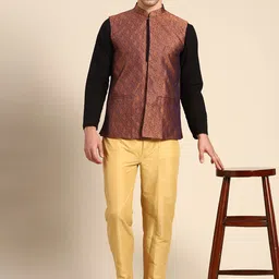 Anouk Men Copper-Toned & Navy Blue Woven Design Jacquard Silk Nehru Jacket image 4