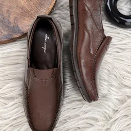 Allen Cooper Men Brown Textured Leather Slip-On Loafers-picture-27