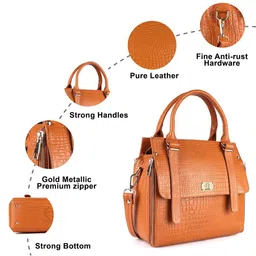 HiLEDER Orange Textured Pure Leather Designer Structured Handheld Bag image 2
