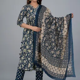 Mishree Collection Women Floral Printed Empire Mirror Work Pure Cotton Kurta with Trousers & With Dupatta-picture-30
