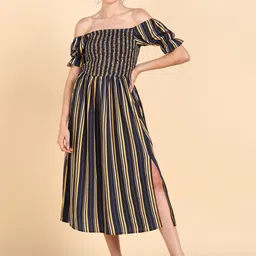 KALINI Striped Off-Shoulder Crepe Fit & Flare Midi Dress-image-4