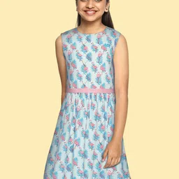 Allen Solly Junior Girls Blue & Peach-Coloured Tropical Liva A-Line Dress-picture-38