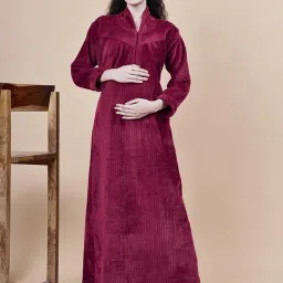 Secret Wish Maroon Solid Fur Winter Maternity Nighty-image-35