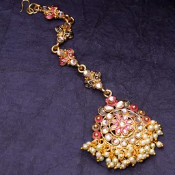ANIKAS CREATION Gold-Plated Magenta Hand-Painted Ganthan Enamelled Maang Tikka-picture-26
