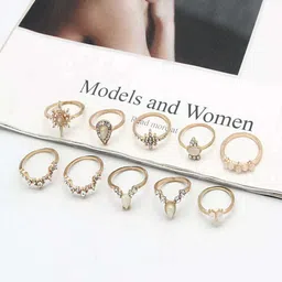Pinapes Set of 10 Gold-Plated Oxidized  Stone Studded Adjustable Finger Rings-picture-43