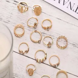 Pinapes Set Of 15 Gold-Plated & Crystals Studded Finger Rings-picture-20