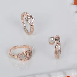 AMI Women Set Of 3 Rose Gold-Plated CZ Stones & Beaded Studded Finger Rings-picture-25