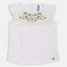 Blue Giraffe Girls White & Yellow Floral Embroidered A-line Top-picture-49