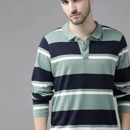 Roadster Men Green  Navy Blue Pure Cotton Striped Polo Collar Pure Cotton T-shirt-picture-19