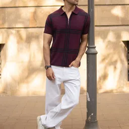 Powerlook ss25 Men Wine Knitted Checks T-Shirt-picture-27