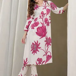 Indo Era Women Floral Printed Regular A-Line Kurta with Trousers image 2